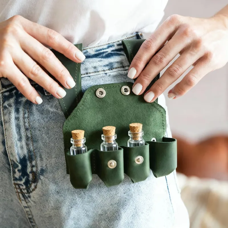 renaissance potion bottle leather holder - custom color and size accepted
